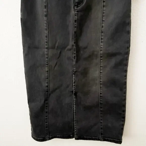 FREE PEOPLE | Maddie Denim Midi Skirt Front Slit Black Jean Pencil | 28, 6 - Picture 4 of 8